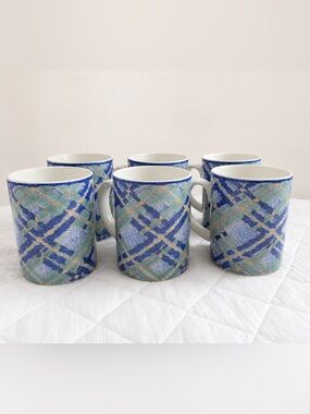 Royal Doulton Glen Ora Fine China Mugs Set of 6 Blue Plaid Vintage